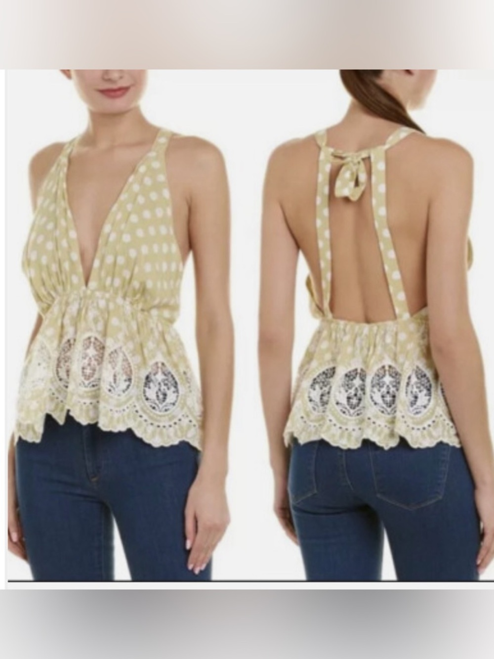 Free People Lime\yellow green Polka Dot Crochet-Trim Tie-Back Halter Top 
xs